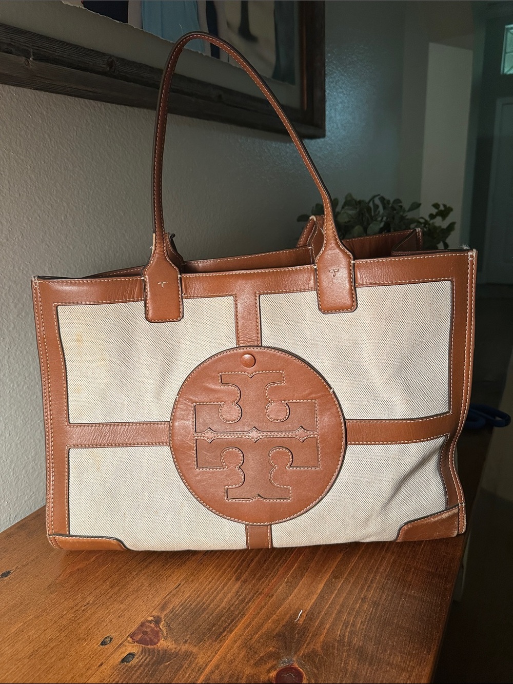 Tory Burch Cream Canvas Tote with Tan Leather Trim